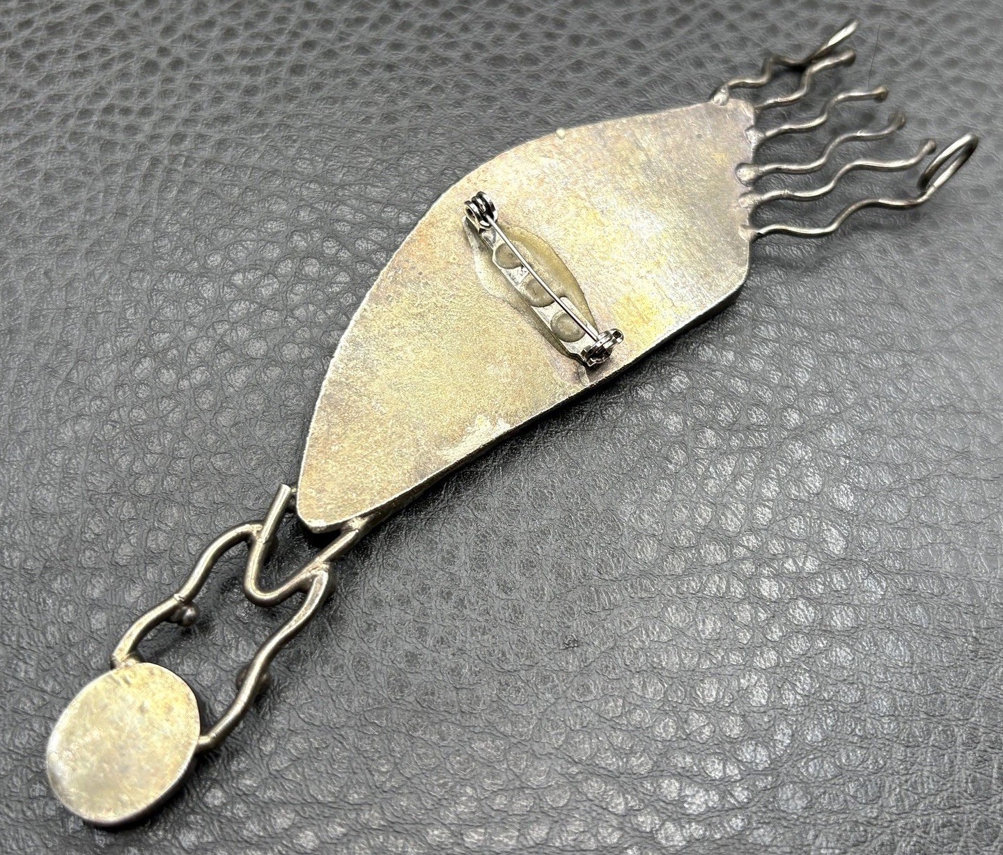 Artisan Brutalist Massive 5.5″ Silver Tone Modernist Stone Pendant Brooch