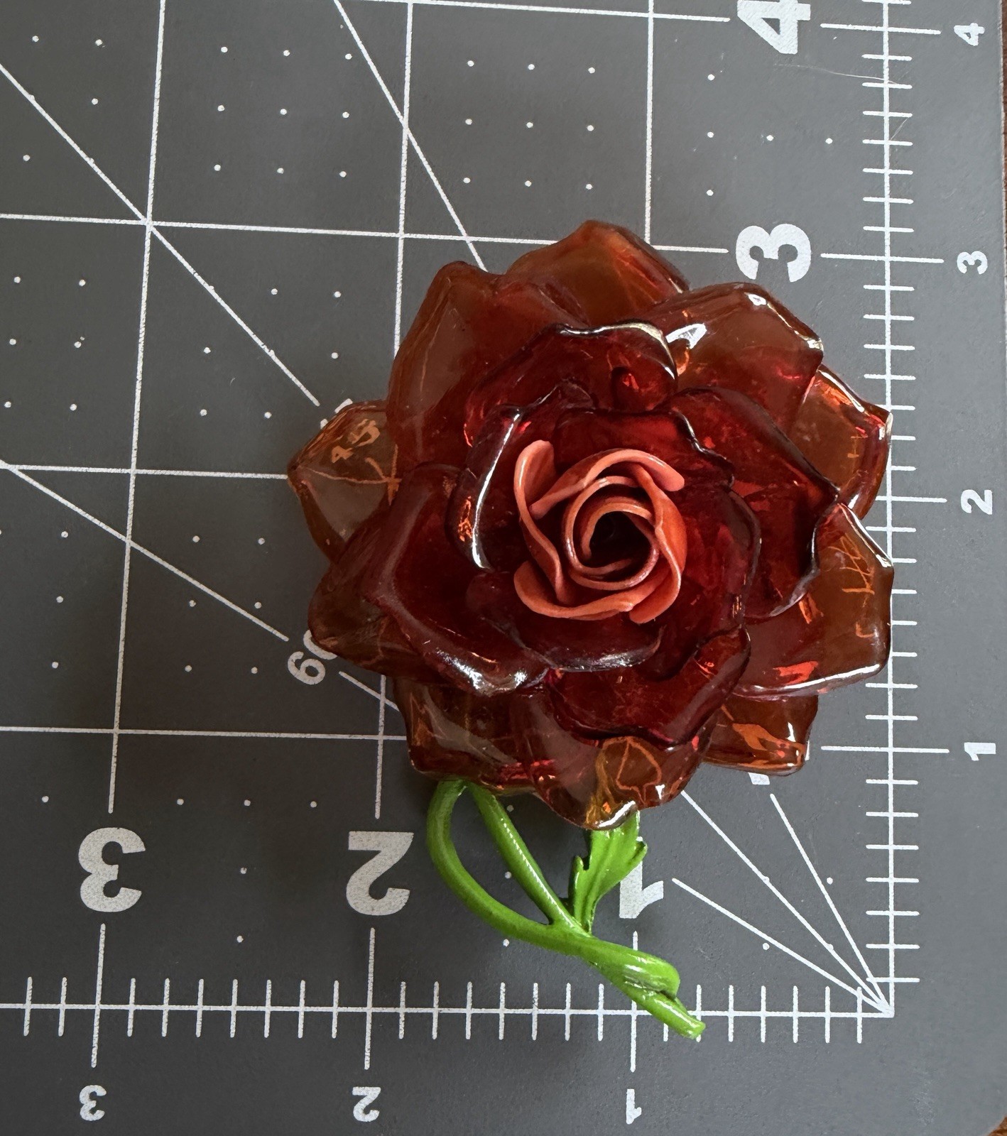 Vtg Coral Cellulose Acetate Rose Flower Brooch Enamel Green Stem 3D Translucent