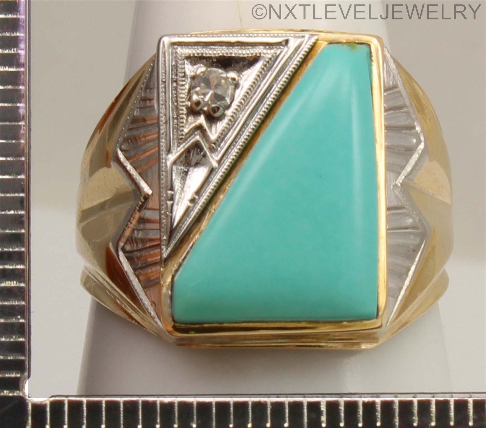 Antique SIGNED Art Deco Robin’s Egg Turquoise & Diamond 10k Solid Gold Mens Ring