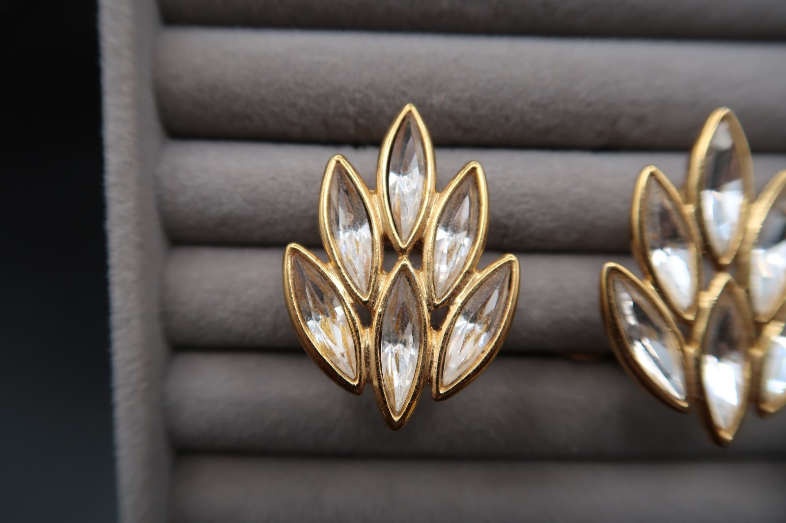 Vtg Yves Saint Laurent Spiked Leaf Design Crystal Earrings Signed Beautiful