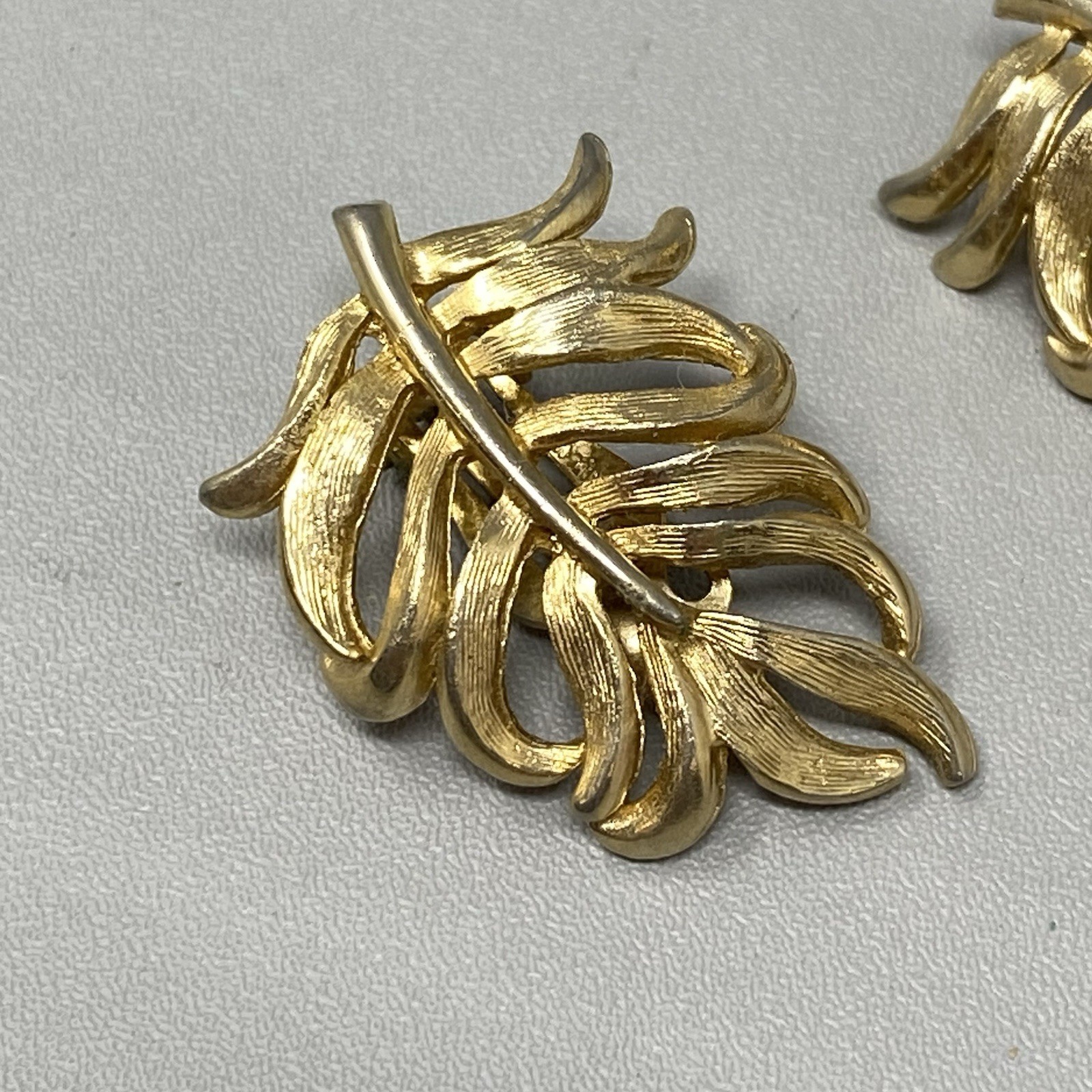 Brushed Gold Tone Leaf Earrings Textured Clip On Plant Nature Stud Dangle 1″