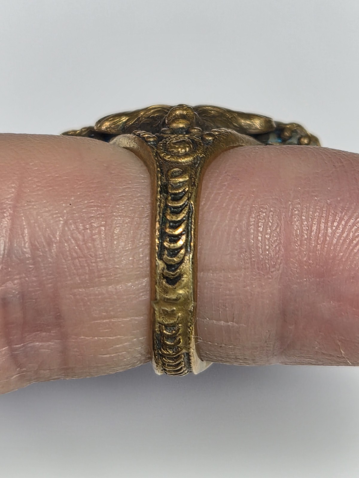 Antique Art Deco Blue Morpho Butterfly Wing Green Man? Pan? Czech? Ring Devil