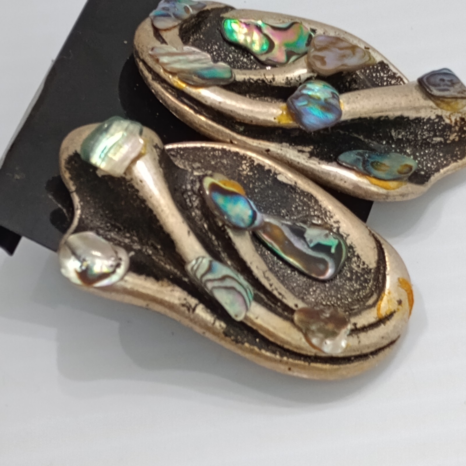 Jeff Lieb Bold Clip On Statement Earrings Abalone Shell Silver Tone Brutalist 2″