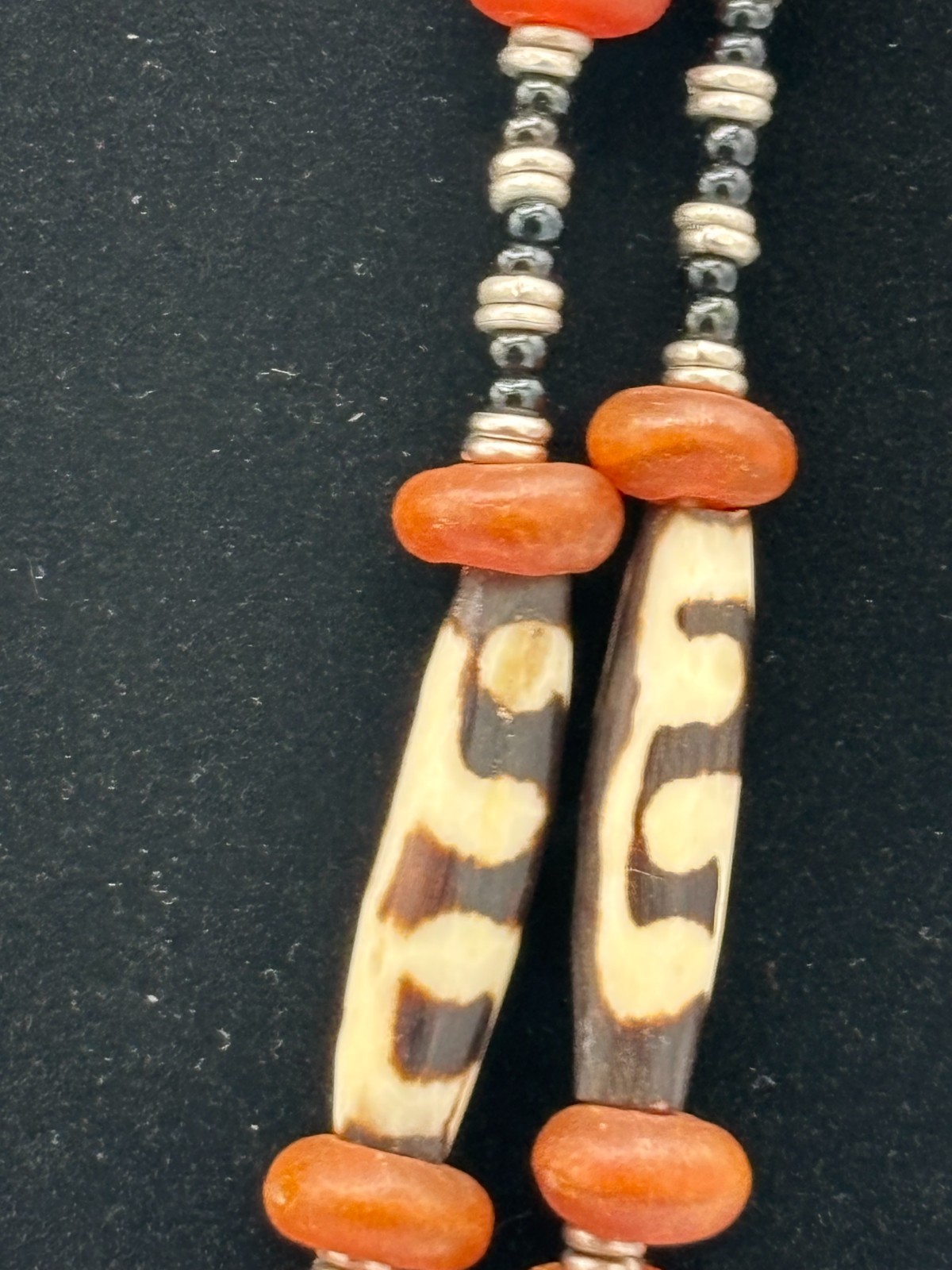 Vintage African Batik Bone Carnelian Trade Bead Multi Strand Necklace Statement