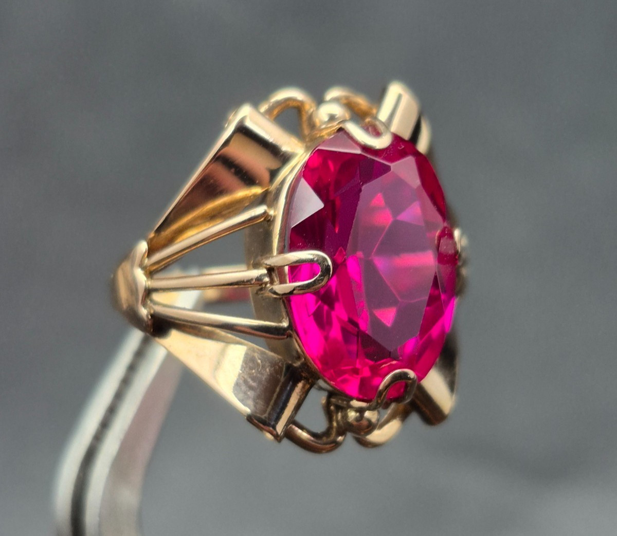 Vintage Soviet 14K Rose Gold Ring 583 with Ruby Stone • Original USSR Jewelry