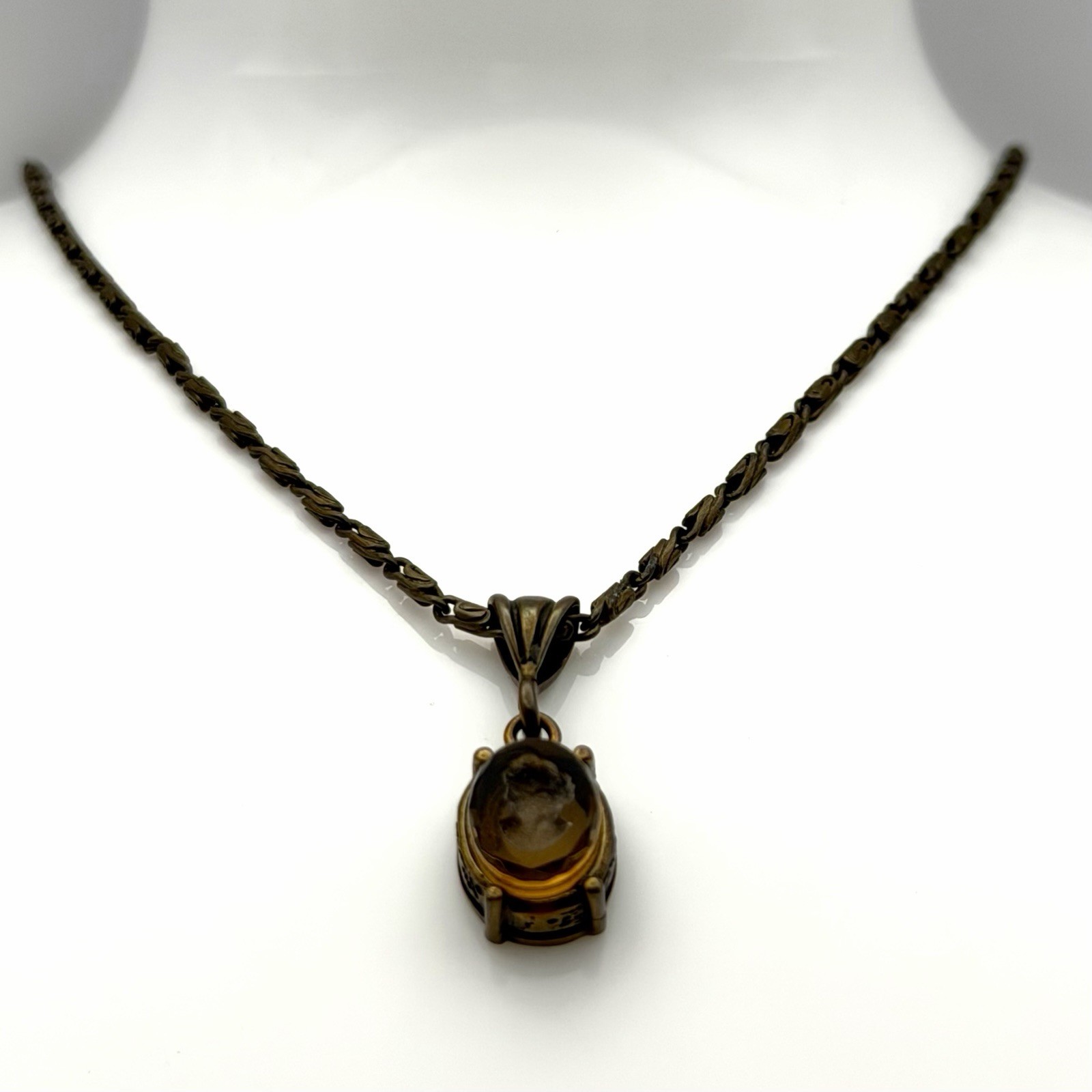 Extasia Signed EXT Vintage Style Bronze Fob Pendant Necklace Smoky Brown Glass