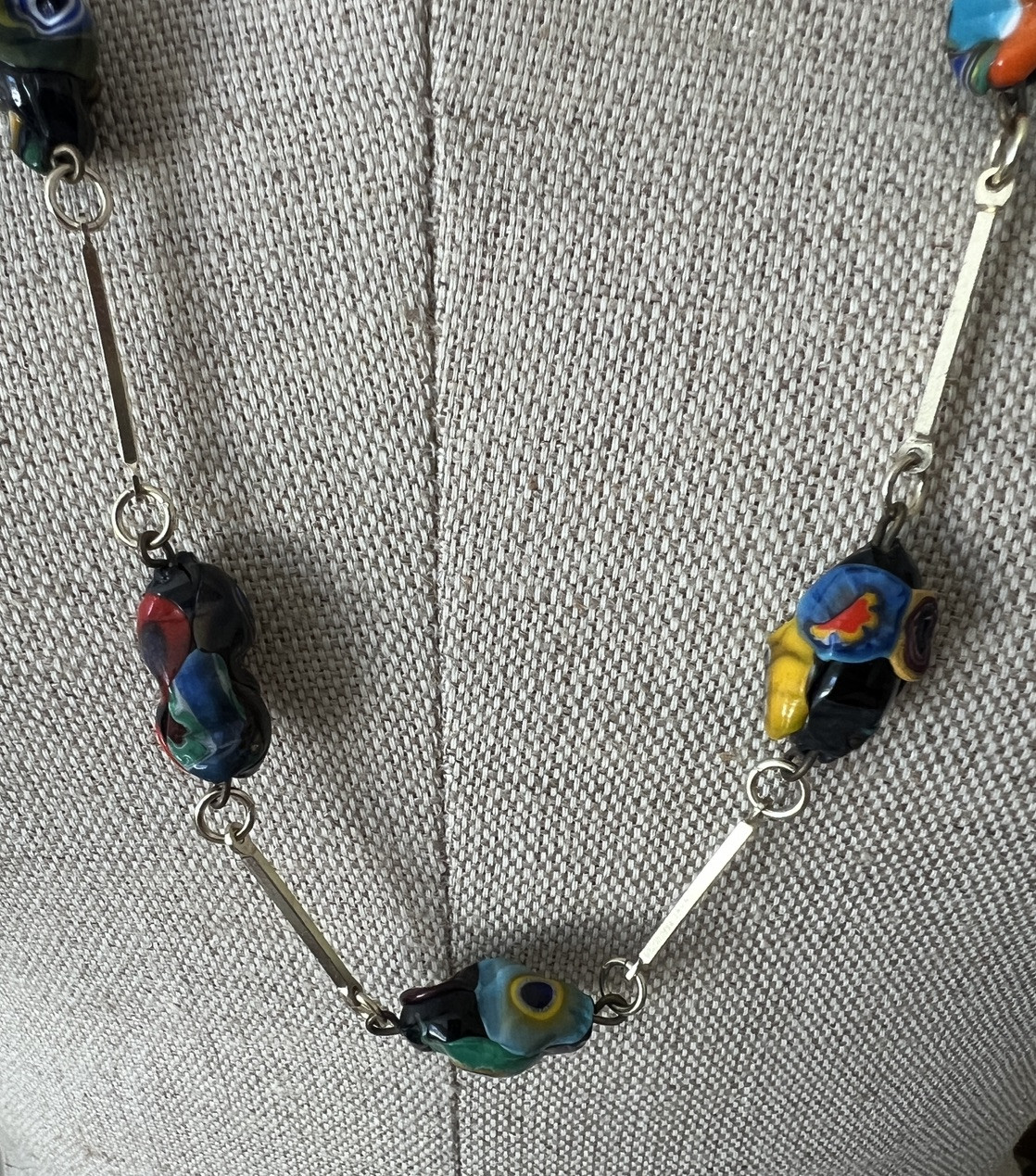 VTG Millefiori Art Glass Baroque Bead & Bar Link Necklace 30” Barrel Clasp