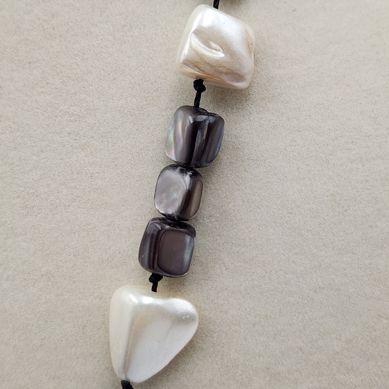 Vintage Style Dark Grey Shells & White Pearls Beaded Necklace & Abalone Pendant