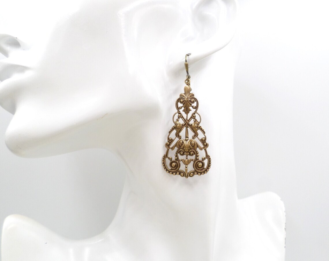 Large Brass Filigree Statement Earrings, Victorian Reproduction Jewelry, Tudor