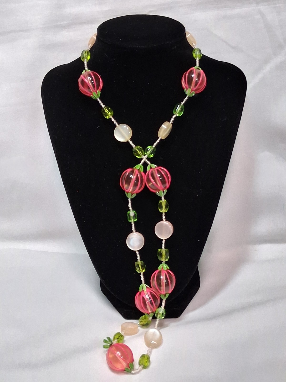 VTG Fruit Japan Necklace Pink Lucite/Acrylic beads And Green MELON BALLS