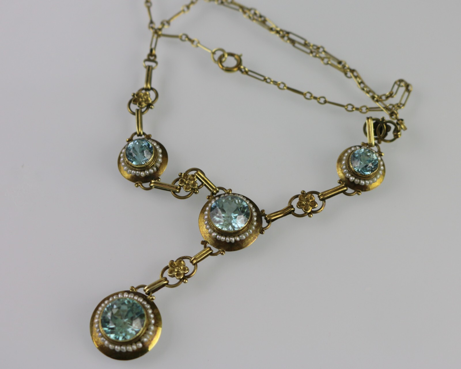 Antique Edwardian 14K Gold Round Vivid Blue Zircons with Seed Pearls Necklace
