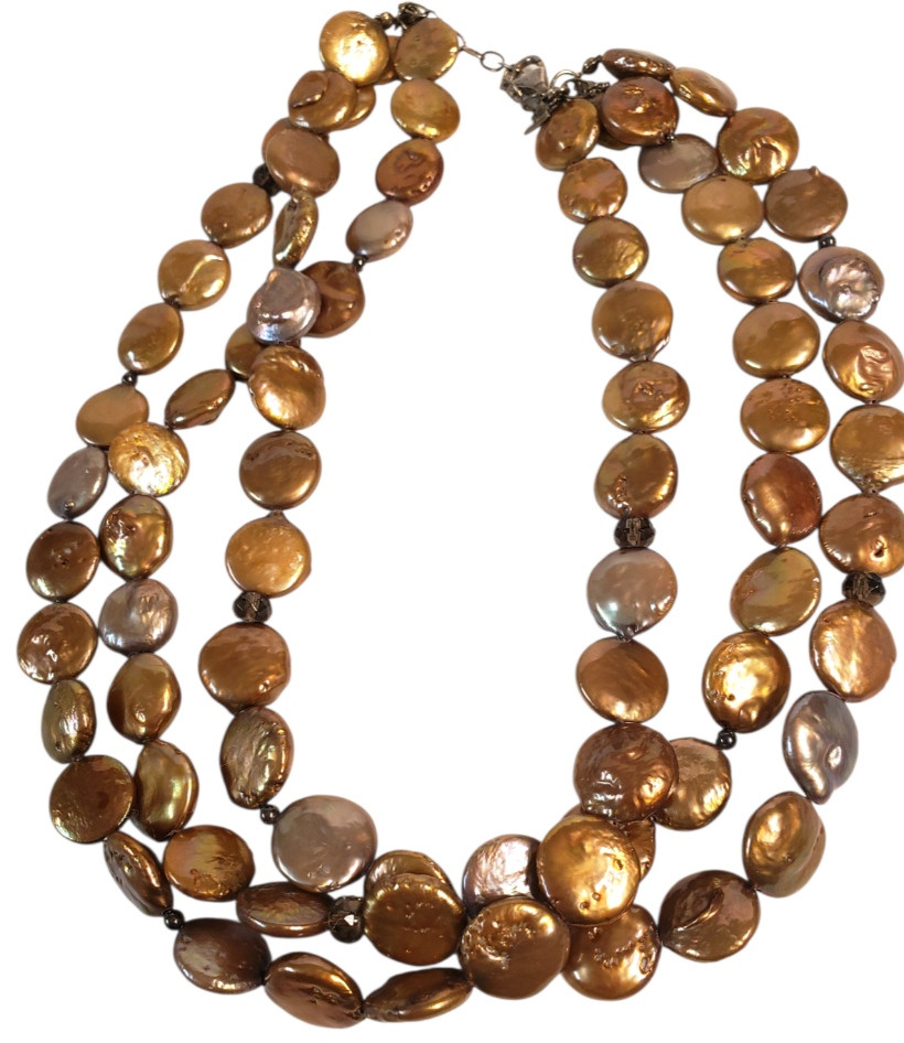 SILPADA 925 Sterling Silver 3 Strand Bronze Coin Pearl Necklace in Box N1717
