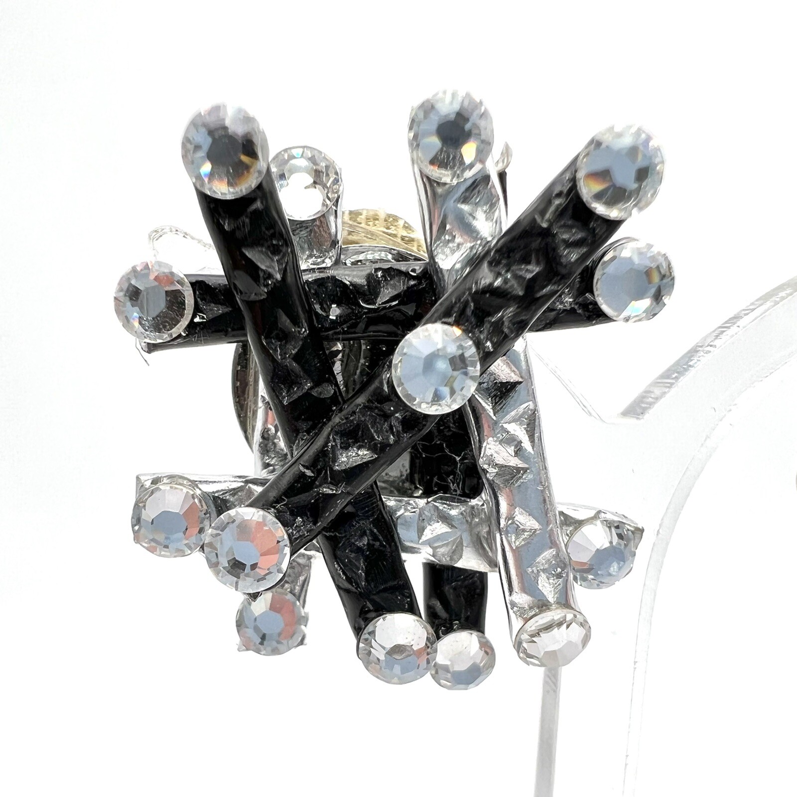 Vintage 1980s Jeff Lieb Black Silver Rhinestone Clip Earrings