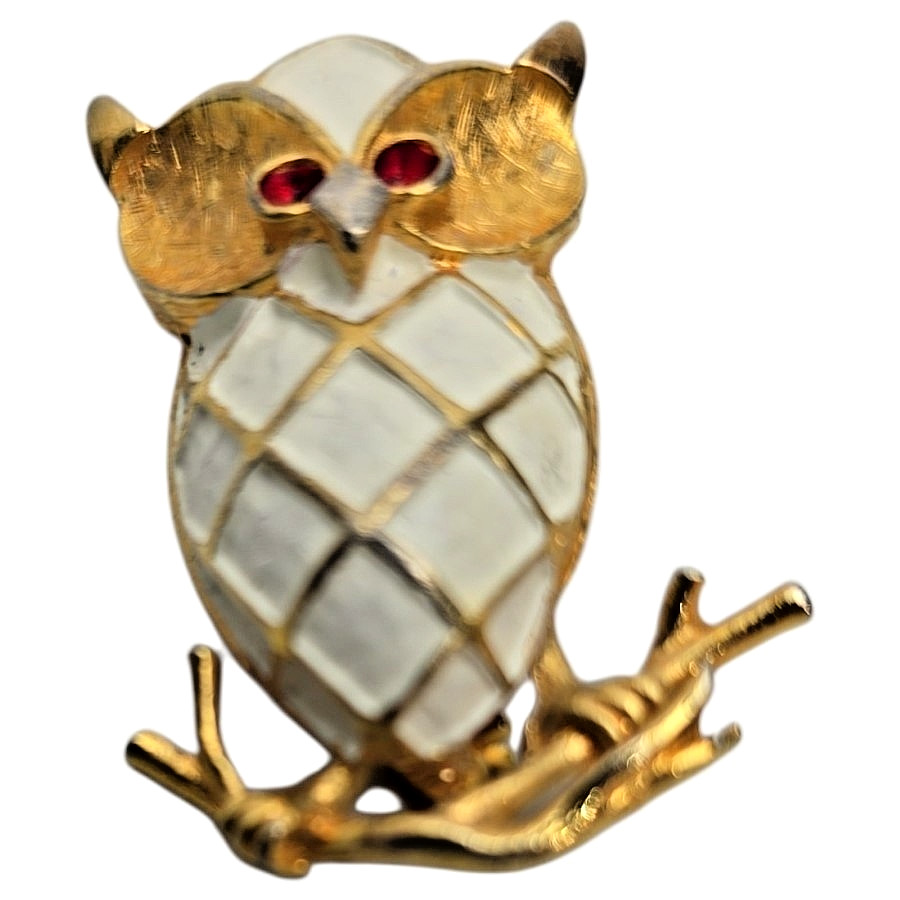 Owl Bird Brooch Pin Enamel Gold Tone Red Rhinestone Eyes 1.5″ Fashion Jewelry