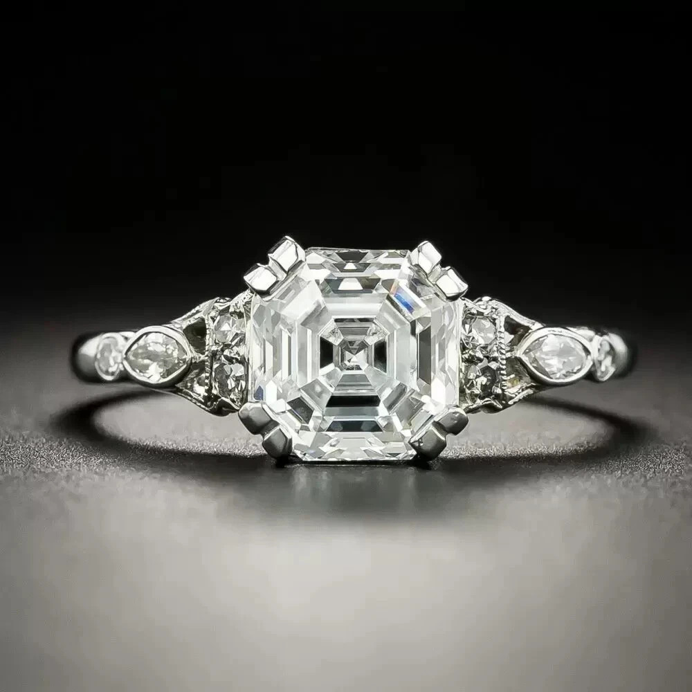 Art Deco Style 14K White Gold FN Asscher Cut Lab Created Diamond Ring Engagement