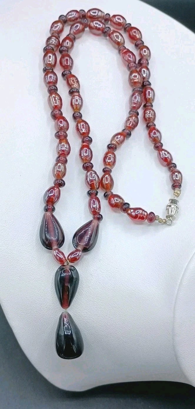 Antique Glass Necklace Beaded Purple Red Opalescent Y Dangle Barrel Clasp 18″