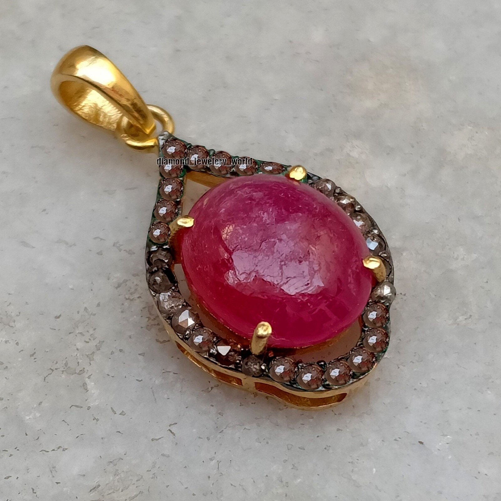 Stunning 0.74ctw Rose Cut Diamond Ruby Studded Silver Victorian Pendant Jewelery
