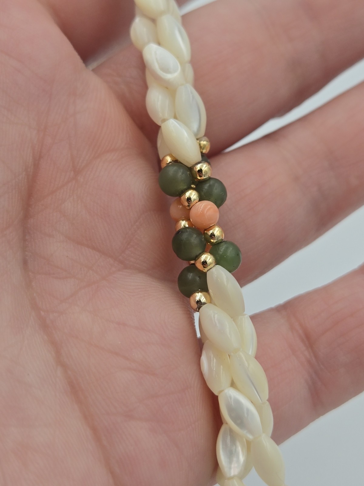 Vintage Mother of Pearl Rice Bead Braided Bracelet & Earrings Set Coral Jade…