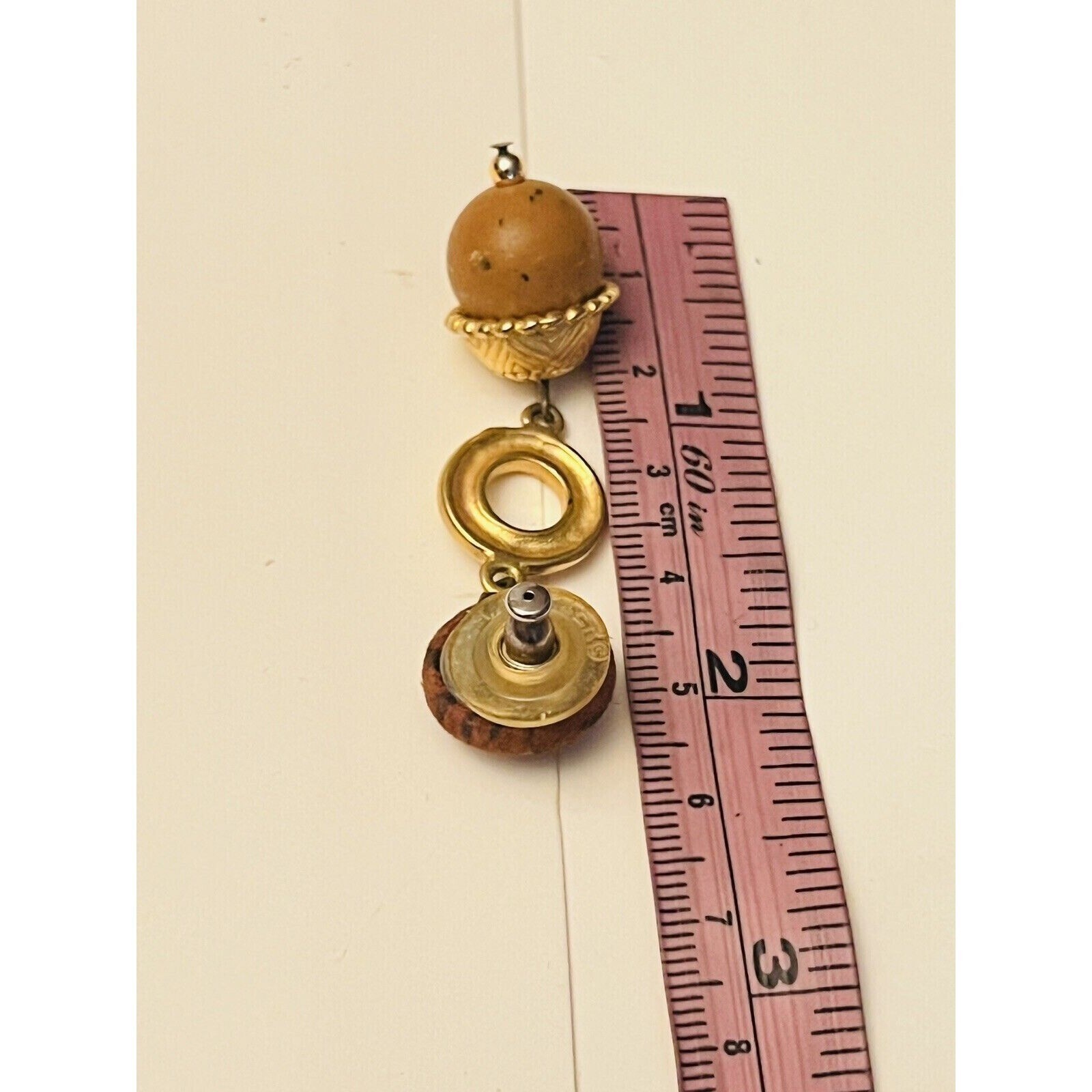 VTG Earrings statement dangle chunky Pierced Lucite rare gold 80s Retro hoop 2″L