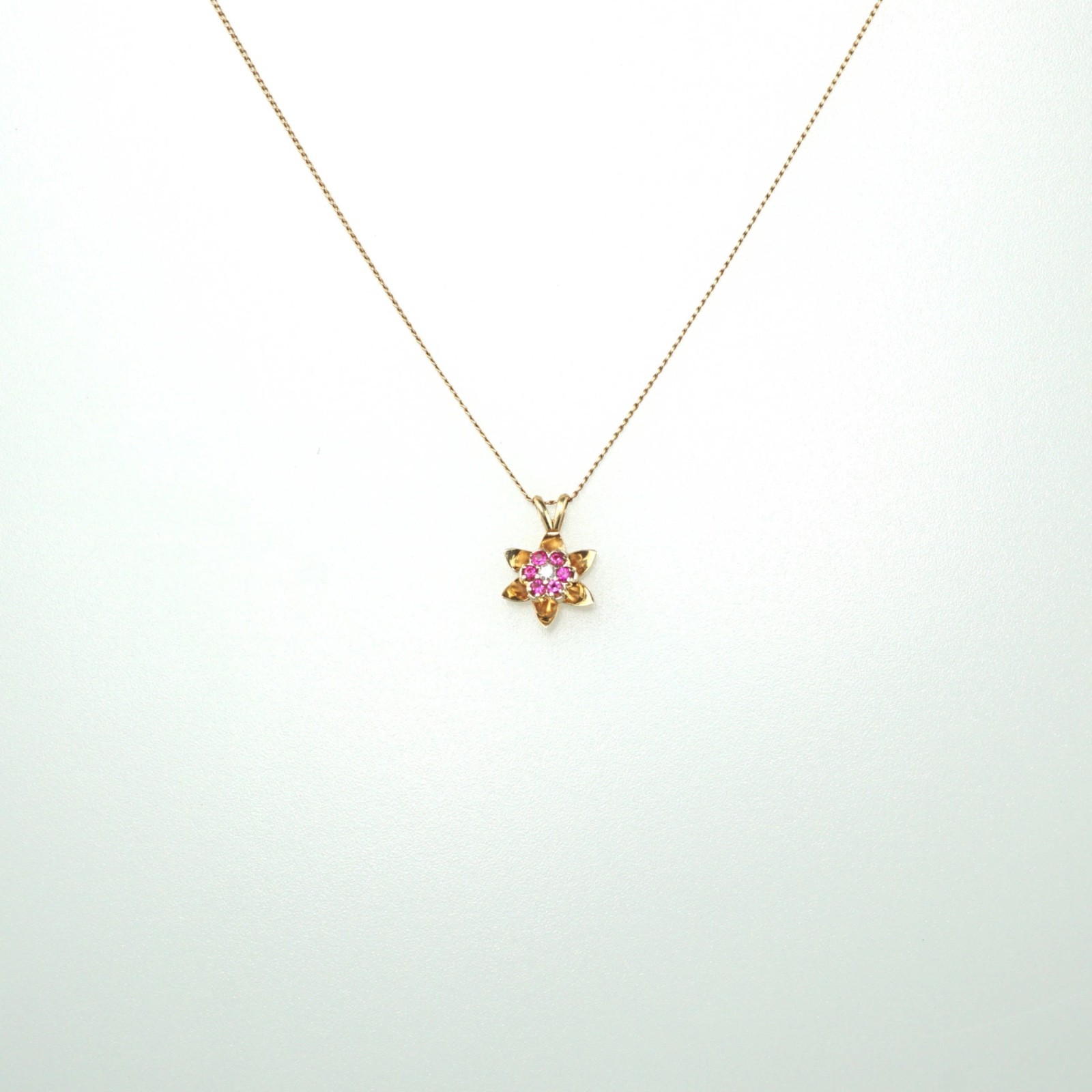 14K Solid Yellow White Gold Ruby Diamond Flower Pendant Necklace, Lab Ruby