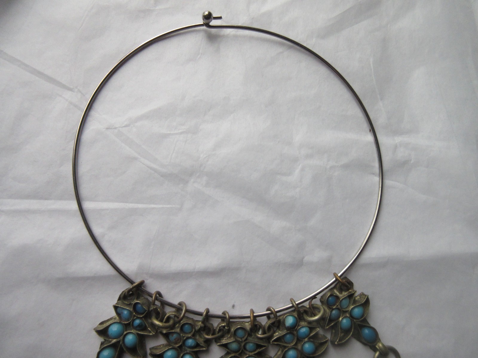 Tribal Choker BIB Style Turquoise glass stones Dangles Brass on Silver Necklace