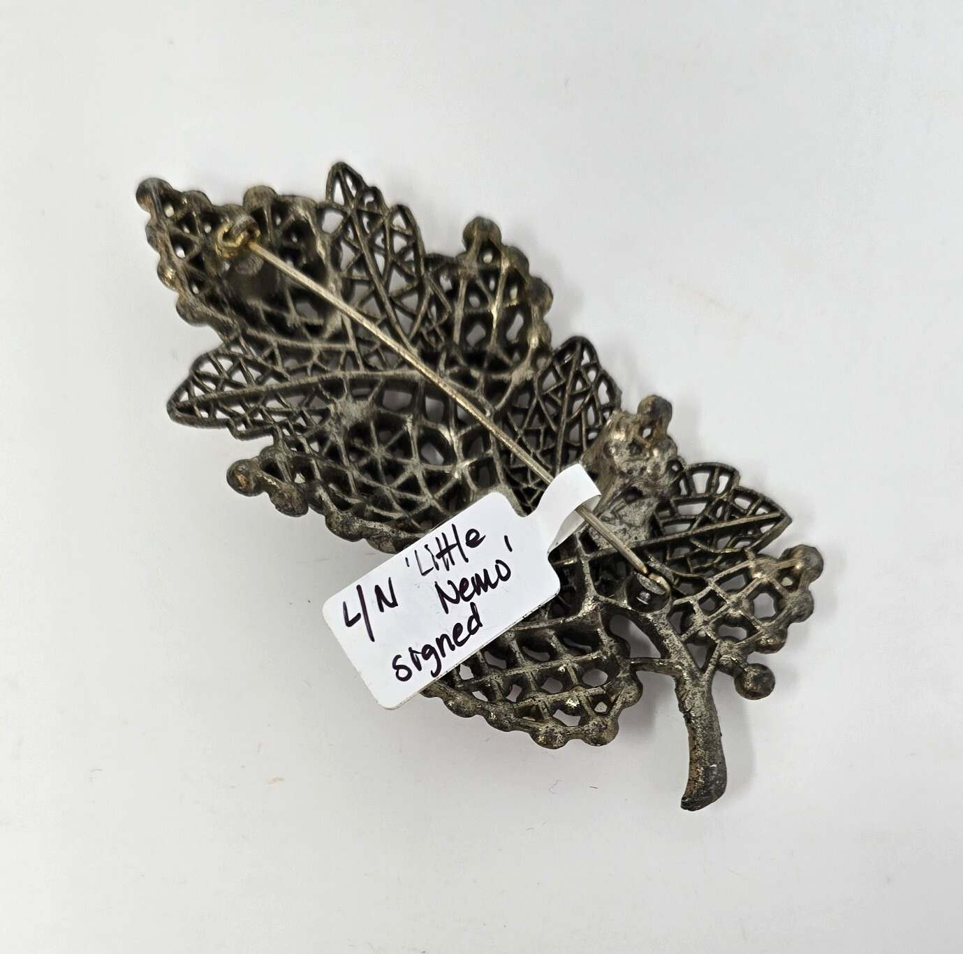 Vintage Antique LITTLE NEMO Brooch Pin Pot Metal Paste Rhinestones Plant Flowers