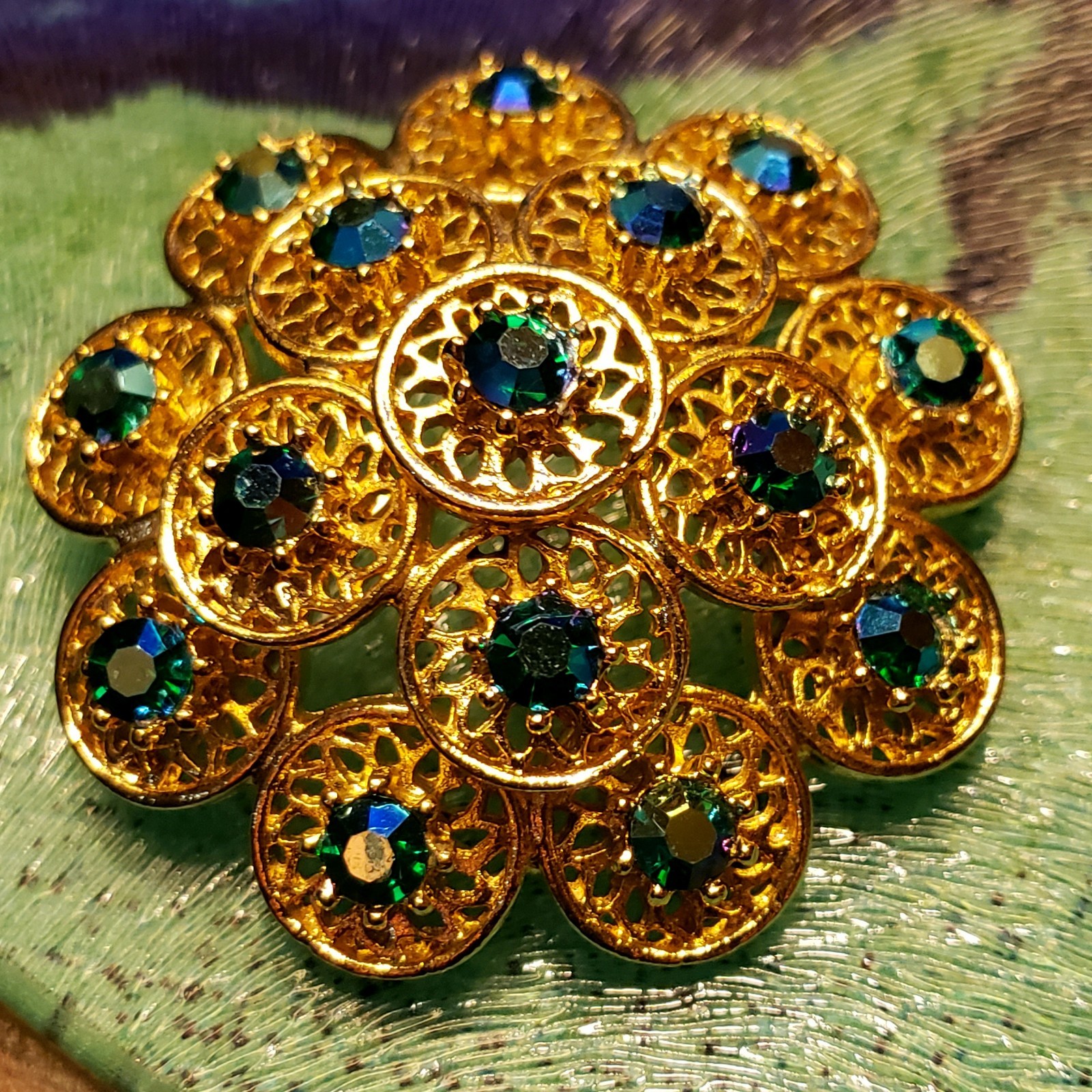 Vintage 3-Tier Medallion Aurora Borealis Dome Brooch Peacock Costume Jewelry