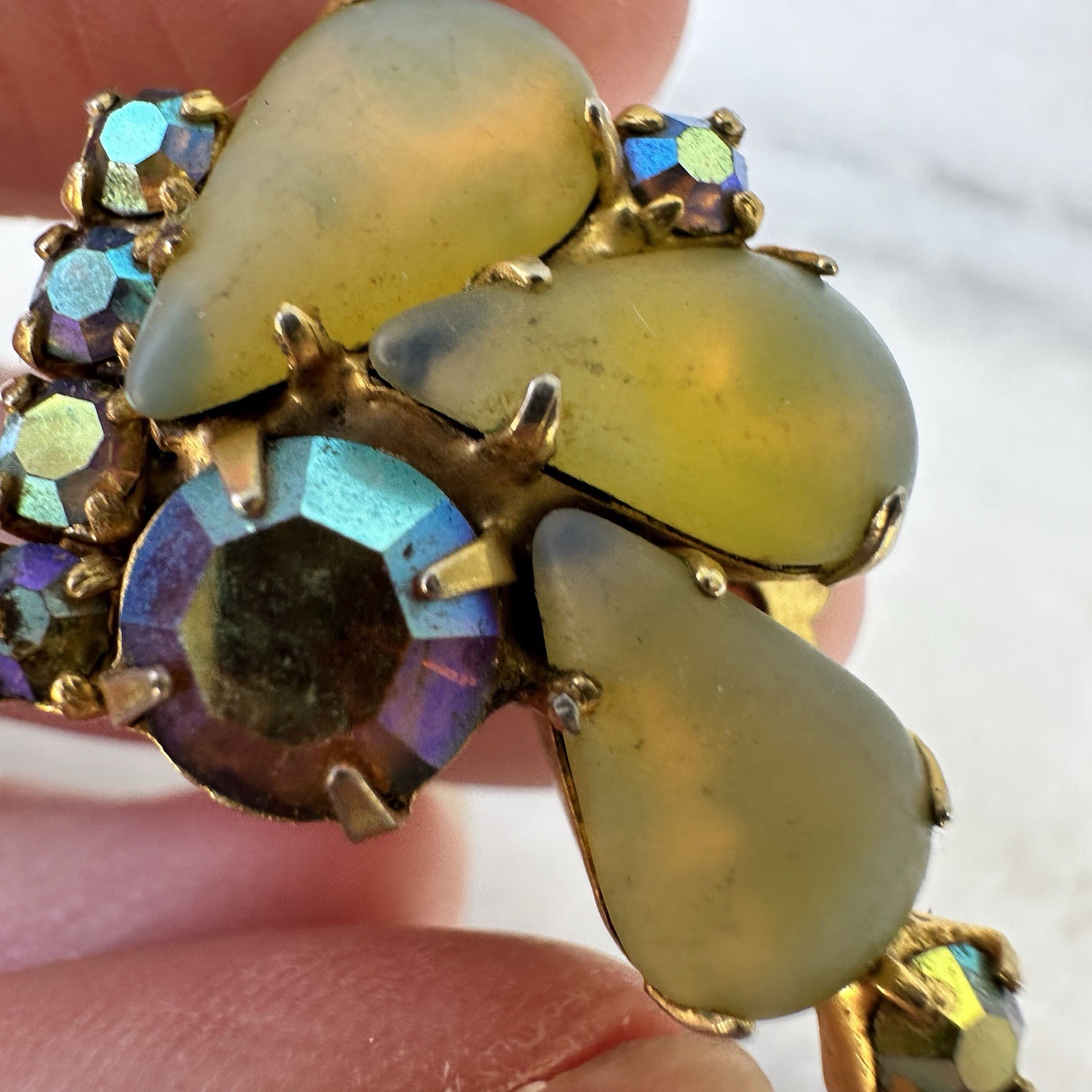 Vintage Opaline Brooch Earrings Set Juliana Kramer Style AB Rhinestone Glass