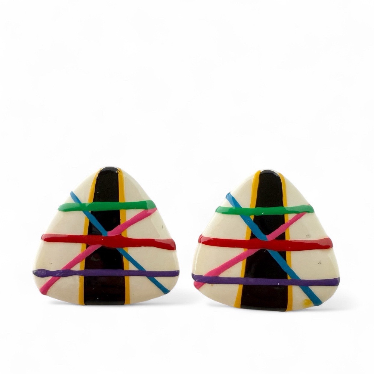 Vintage Multicolor Painted Funky Triangle Guitar Pick Plastic Post Earrings