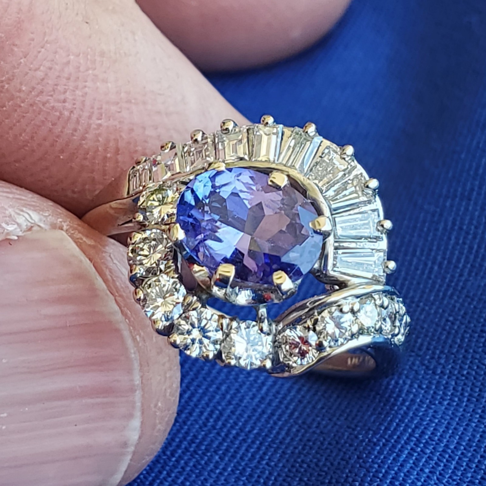 Original EARTH MINED TANZANITE DIAMOND DECO Engagement Ring Solitaire 14K GOLD 7