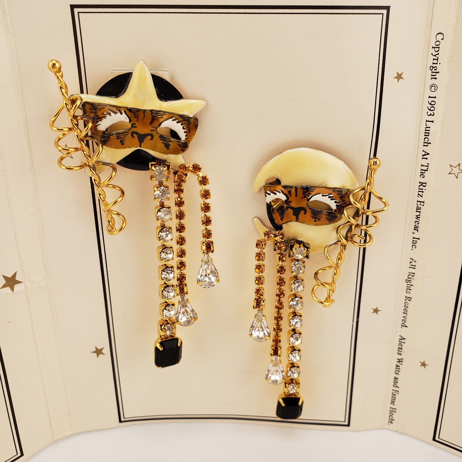 Lunch At The Ritz Pierced Earrings Masquerade With Moon New On Menu Card 1993
