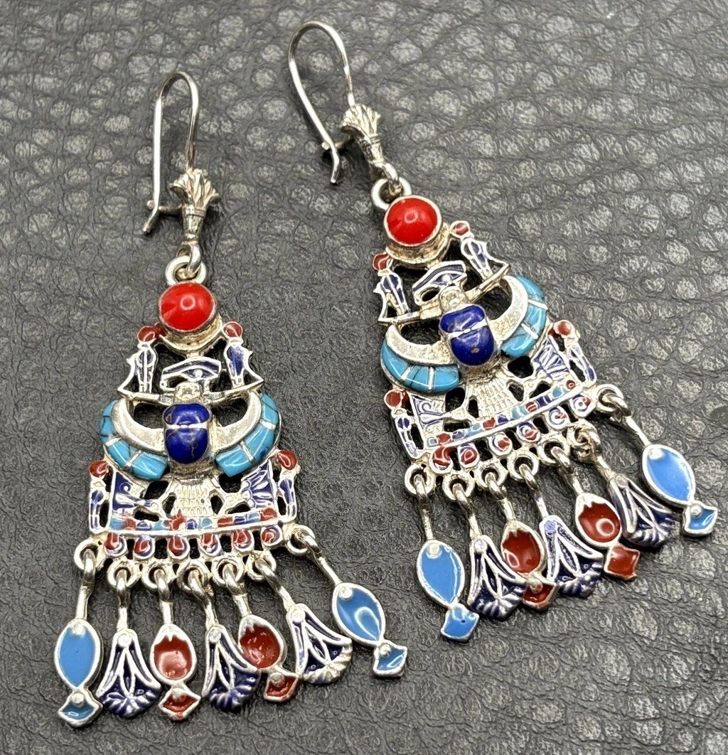 Sterling Silver Egyptian Revival Enamel Chandelier Earrings Scarab Hieroglyph