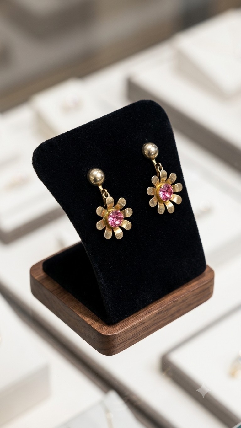 Vintage Gold Tone Pink Rhinestone Flower Screw Back Earrings Unsigned Retro…