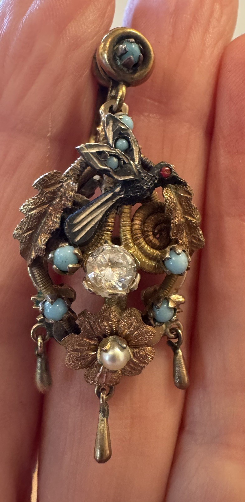 Antique Victorian Single Earring Gold Gilt Bird Nest Turquoise Coral Stone