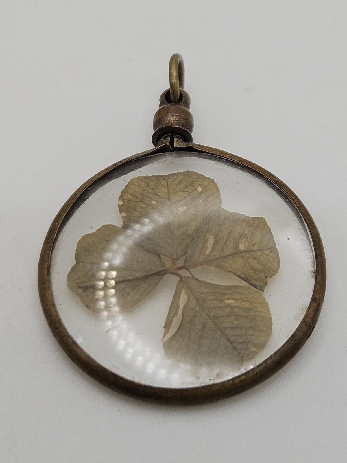 Vintage Antiqued Brass Tone Four Leaf Clover Shamrock Good Luck Charm Pendant