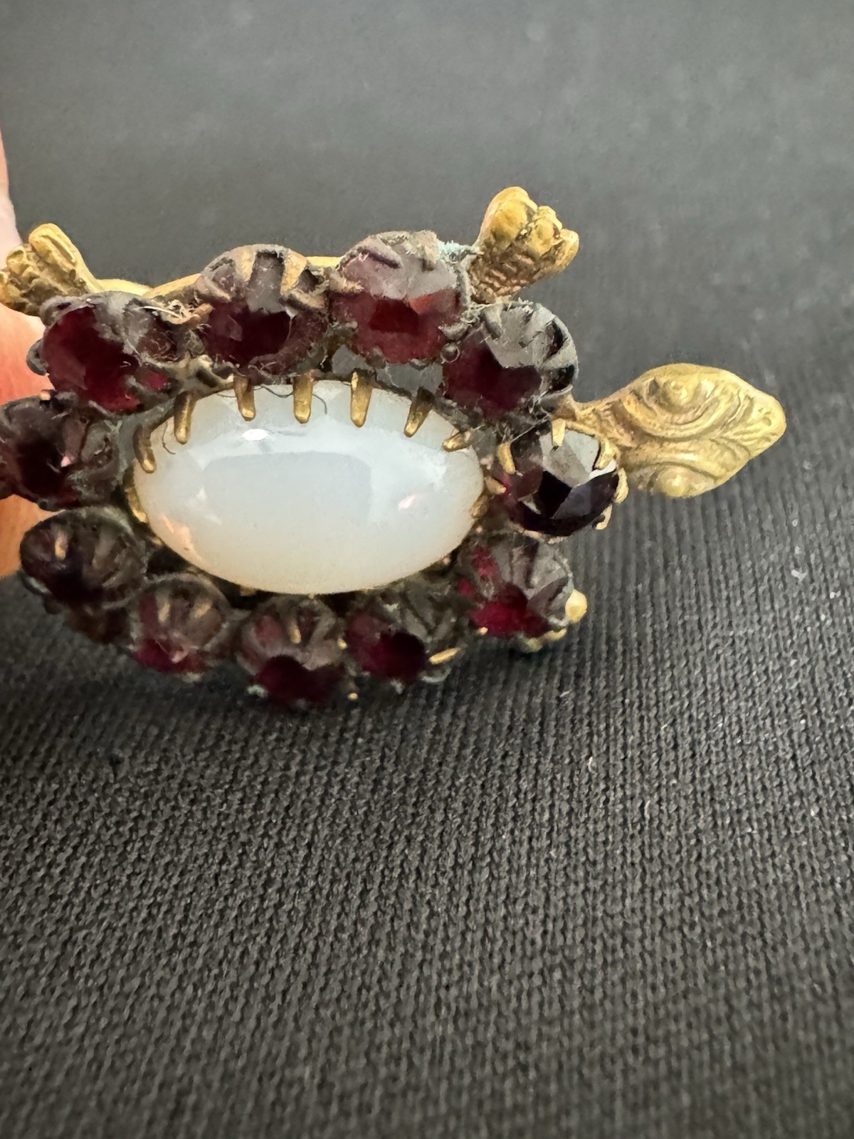 Antique Victorian Turtle Pin With Garnet Opaline Glass Gold Tone C Clasp 1” Cute