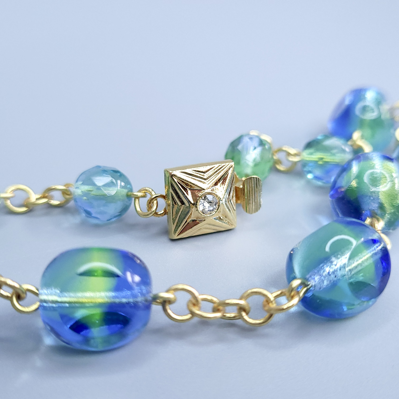 Uranium Necklace 18” Vaseline Blue Glass Czech Vintage Beads Women`s Jewelry