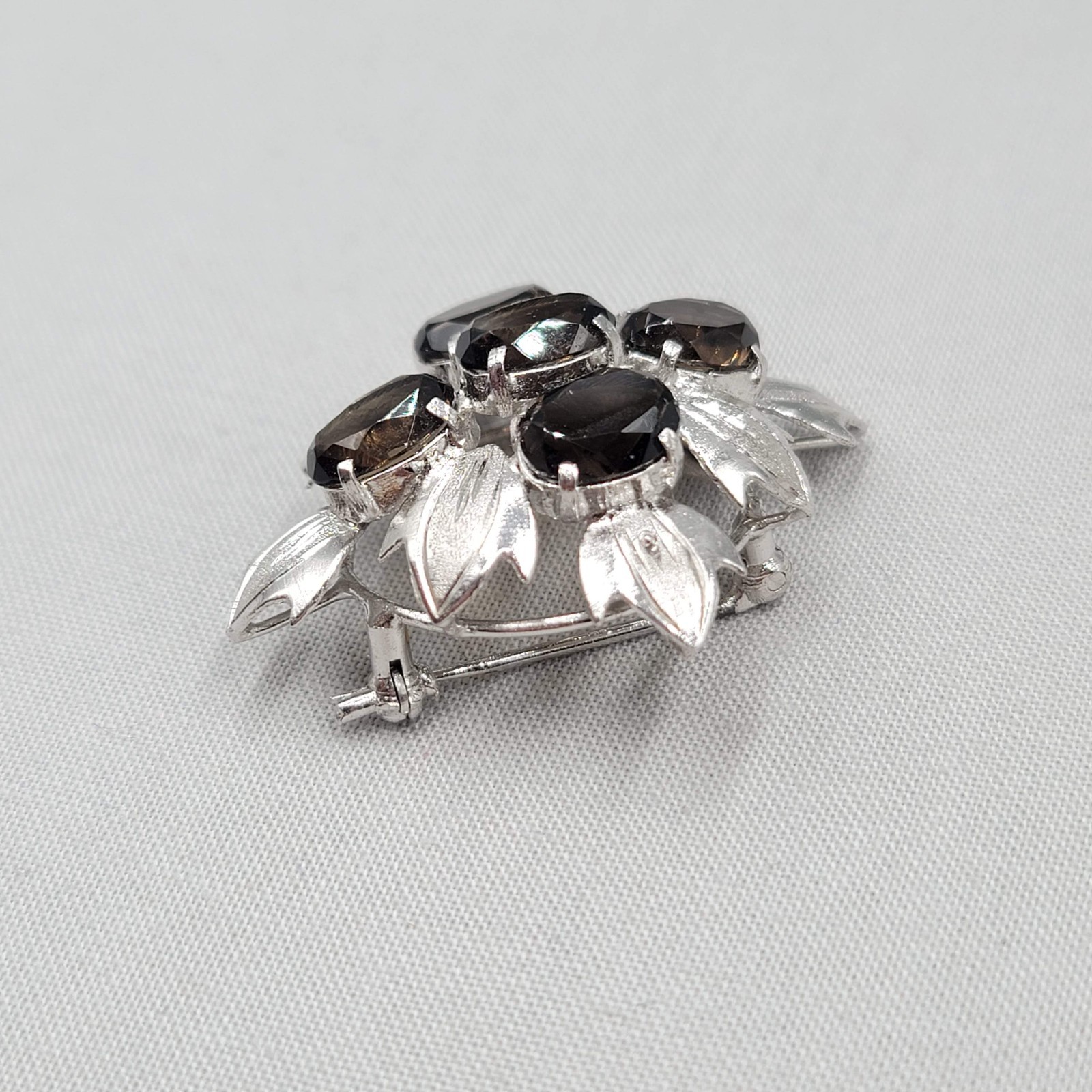 Vintage Brown Topaz Brooch Silver Leaf Pendant 1.75″
