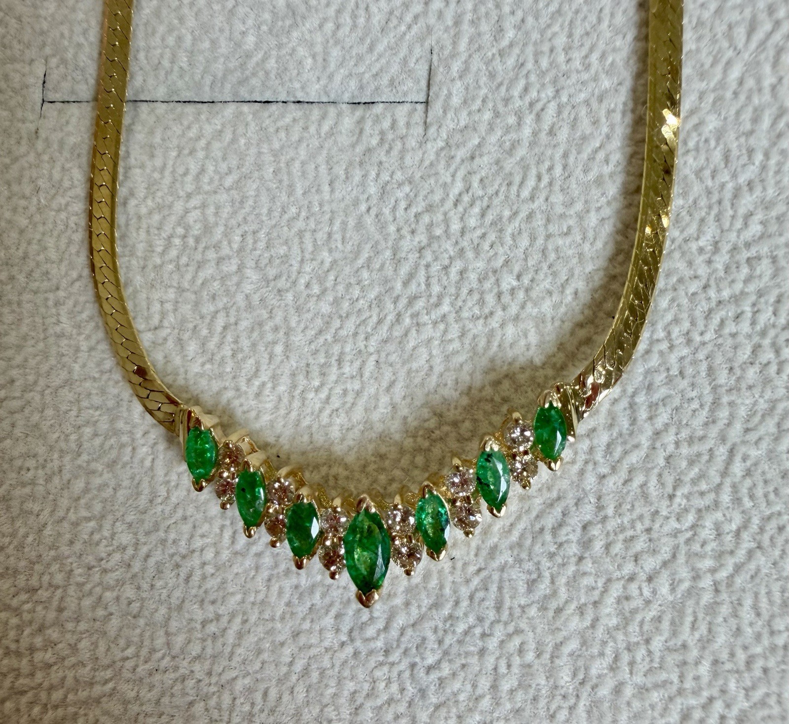 Vintage 14kt Y/Gold Marquise Emerald & Diamond Chevron Necklace 16″, 6.9 grams
