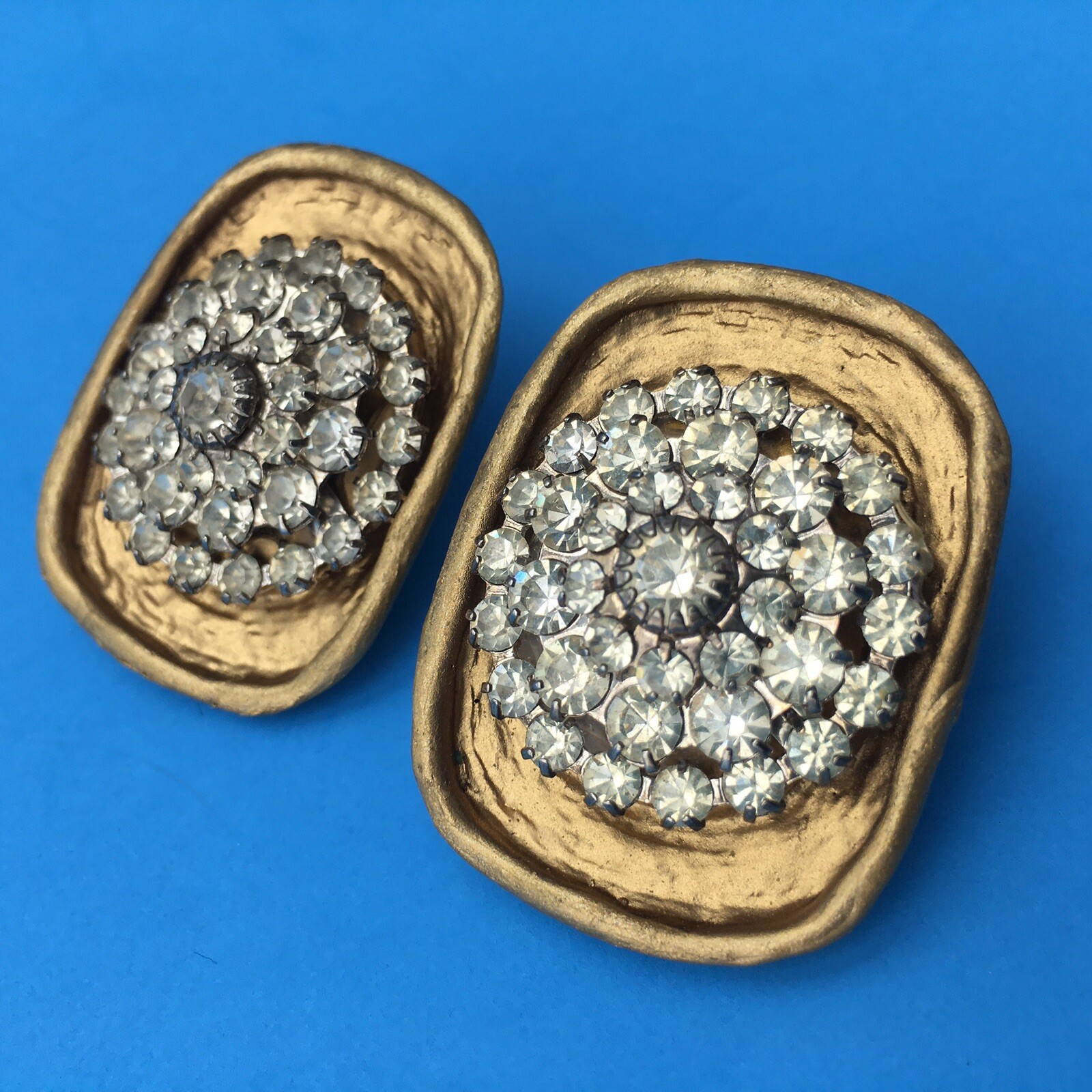 Vintage MCM JEFF LIEB Gold Earrings MID-CENTURY BRUTALIST DESIGN 72 Stones USA