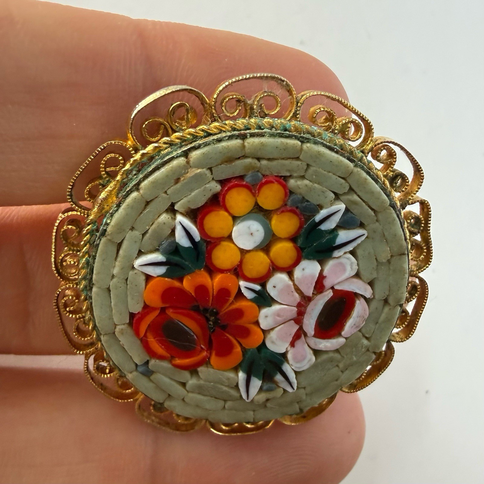 Vintage Micro Mosaic Floral Green Yellow Red Round Brooch Pin Italy