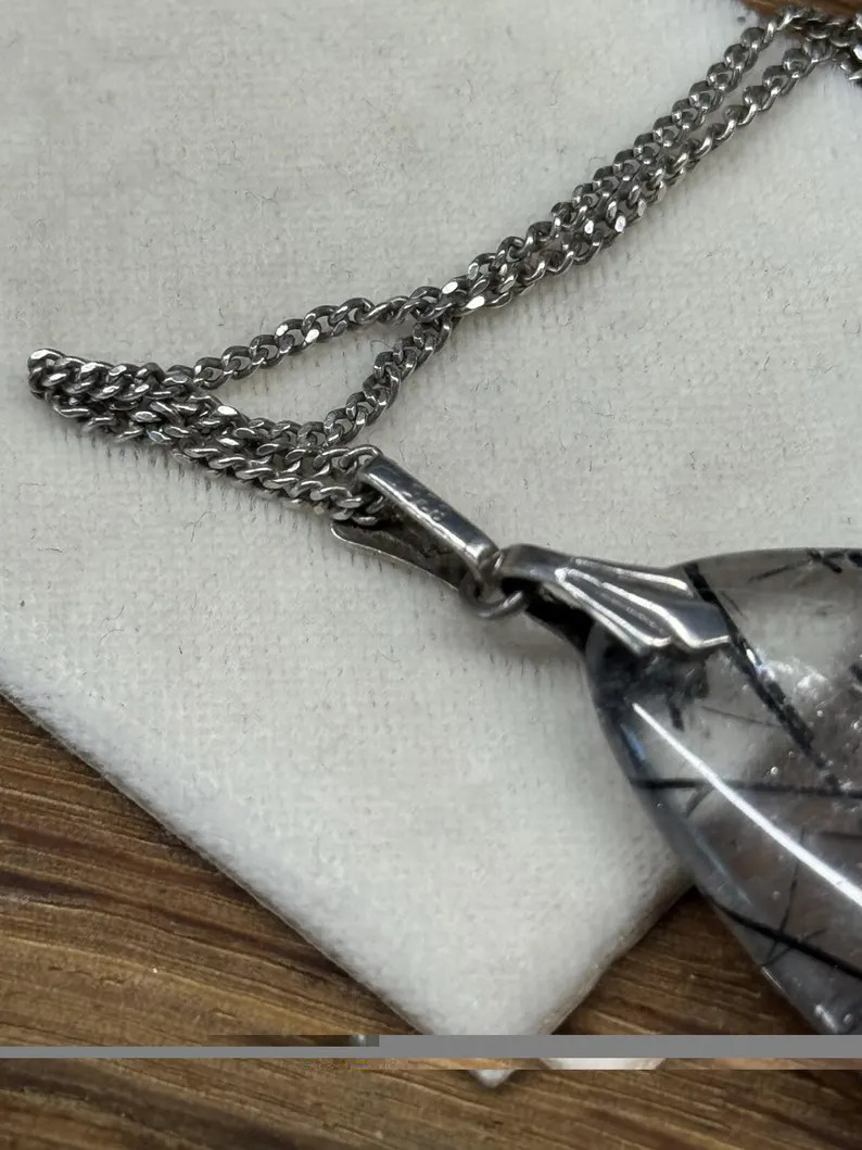 antique large rutilated tourmaline quartz pendant with chain necklace 835 silver