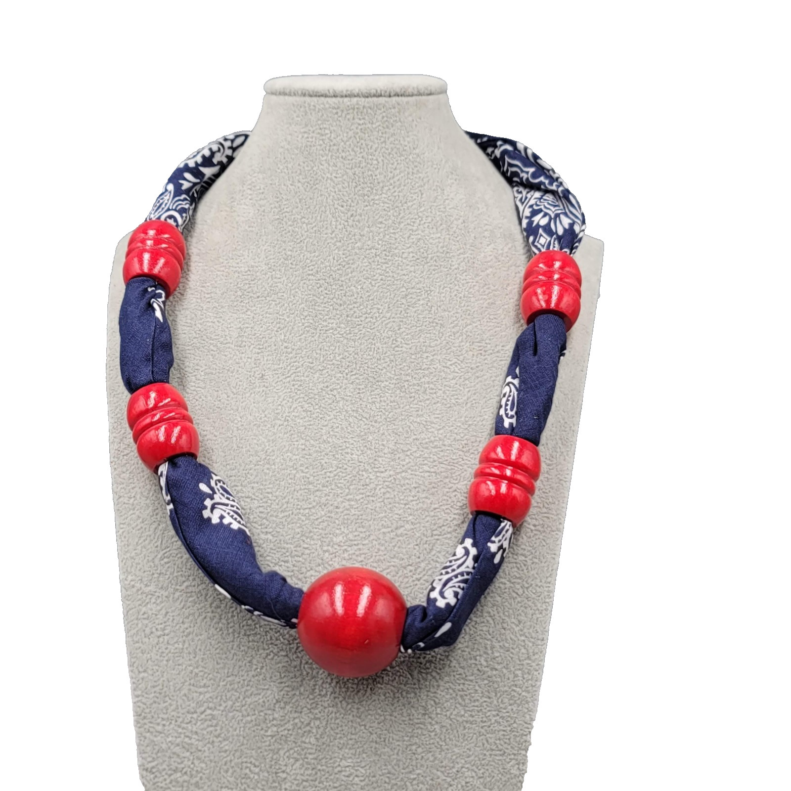 Vintage Blue Bandana Red Wood Necklace 20 in Statement