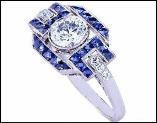 Art Deco Style Lab Created Diamond & Sapphire 14K White Gold FN Engagement Ring