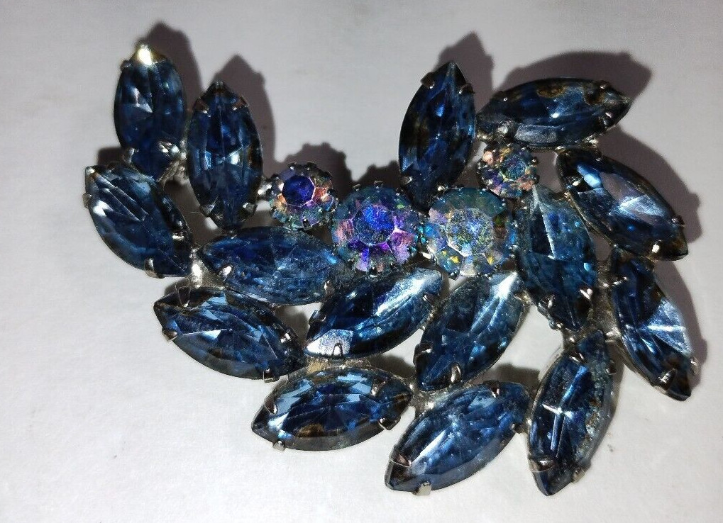 JULIANA Aqua Blue Rhinestone Leaf Flower Pin Broach Multi shaped Rhinestones