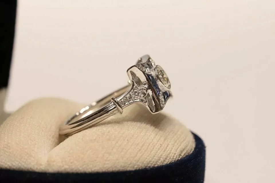 Vintage Art Deco Round Moissanite & Sapphire 14K White Gold Finish Wedding Ring