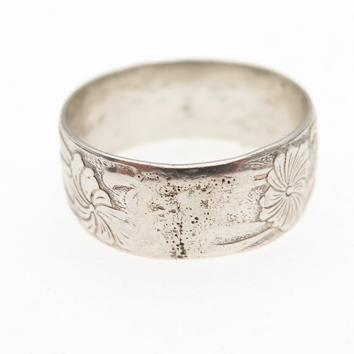925 Sterling Silver Antique Art Deco Floral Oxidized Band Ring Size 7.25