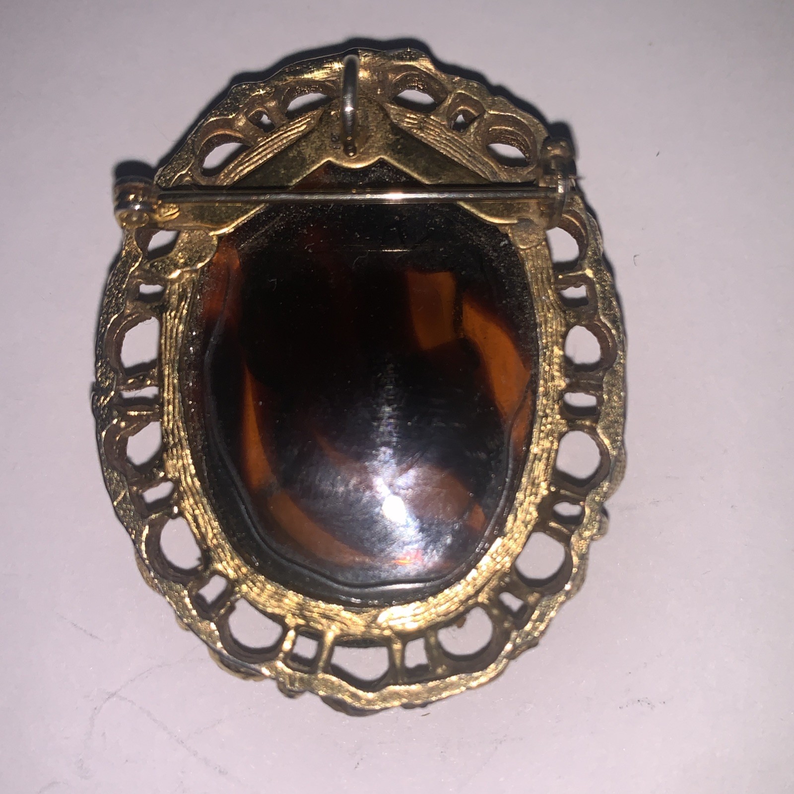 Brown Cameo Oval Framed Vintage Brooch Pendant Necklace
