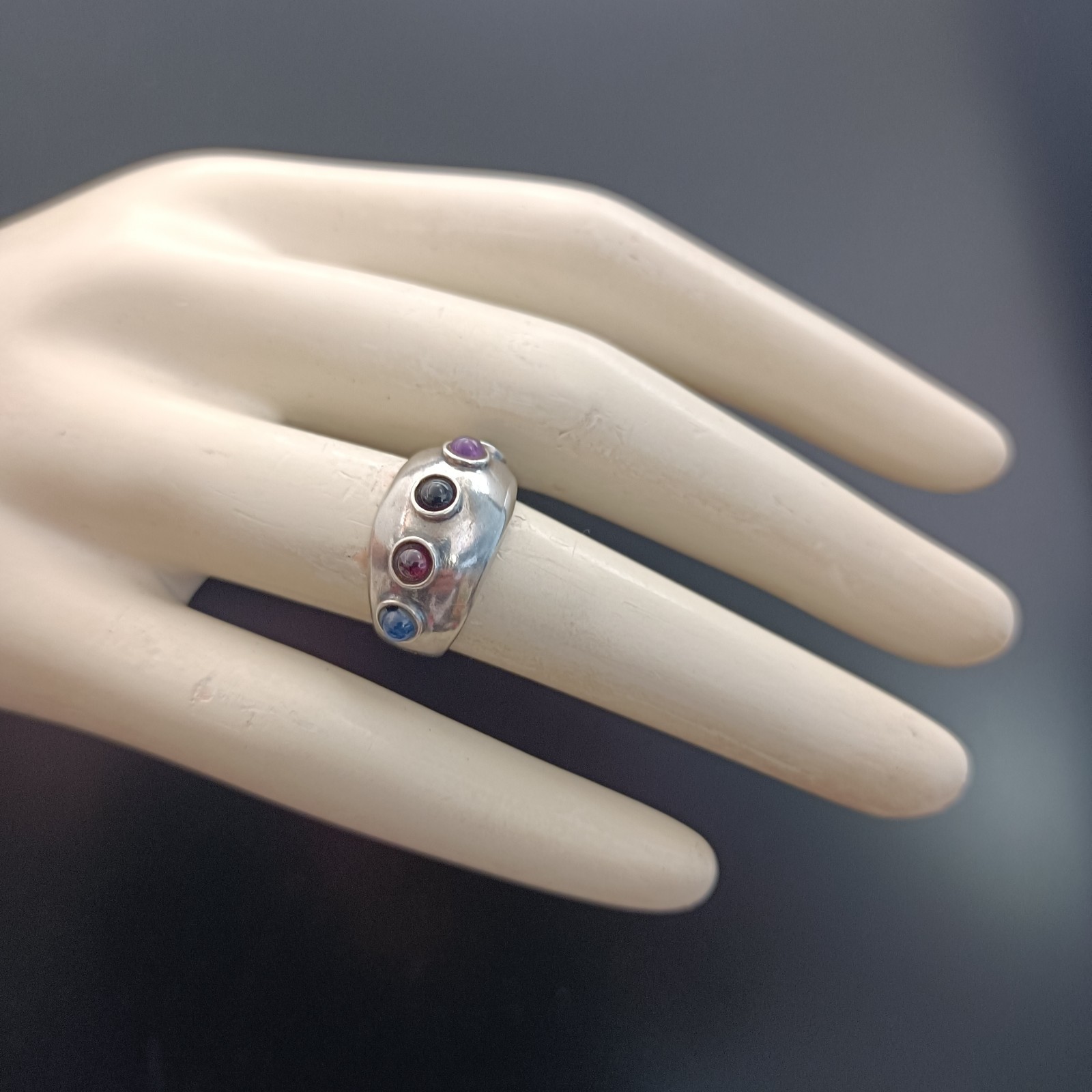 Modernist Gemstone Dome Ring Sterling Silver Cabochon Band Boho Israeli Artisan