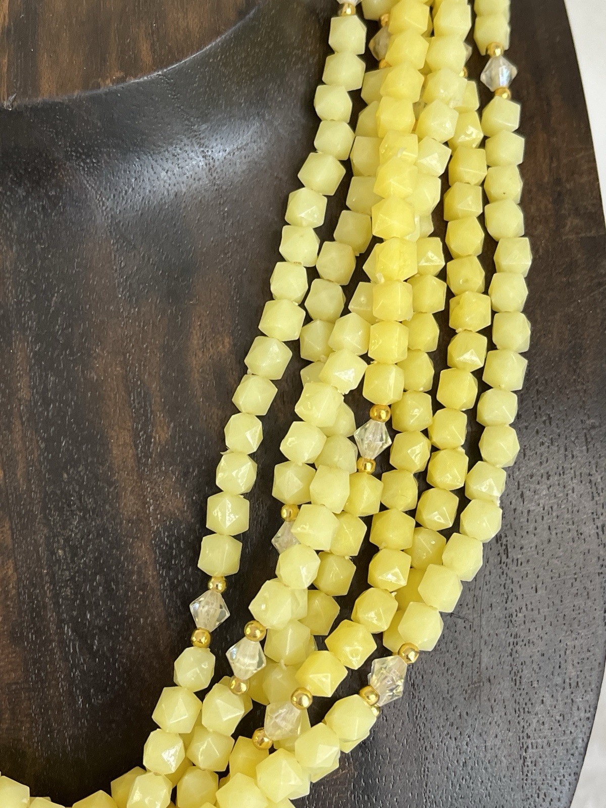 Hong Kong Yellow Beaded Necklace and Clip On Earrings Set Seven Strand Necklace